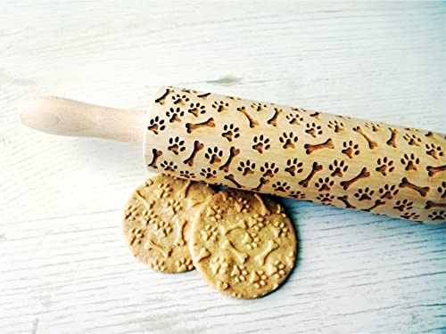 Mattarello Decorativo per Biscotti ZAMPA E OSSO | Mattarello Inciso | Rullo per Biscotti e per Modellare | Mattarello Legno Goffrato di Algis Crafts