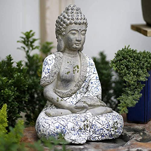 ZEELYDE Statue Bouddha,Ornement de Jardin Statue de Bouddha Assis méditant Zen Sculpture paisible Décoration d'intérieur, Bouddha Assis Bleu et Blanc