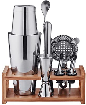 TAHAILIN Boston - Juego de coctelera con mortero, pico de hielo, boquillas de vertido y soporte de bambú, ideal para el hogar y bares profesionales, perfecto para hacer cócteles y bebidas en fiestas,