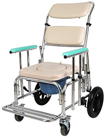 Chaise Mobile d'aisance Chaise de Toilette - Fauteuil Roulant percé avec siège à roulettes Fauteuil Roulant Douche Chaise de Transport Chaise Mobile Pliable RéGlable en Hauteur (Color : Silver, Size