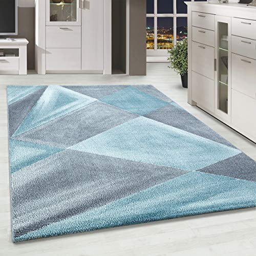 HomebyHome Teppich Wohnzimmer 140x200 cm Blau Geometrisch Abstrakt Design - Schlafzimmer Teppich Kurzflor Extra Weich Pflegeleicht Teppiche für Küche Esszimmer Jugendzimmer Kinderzimmer