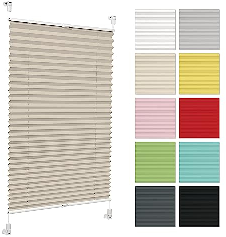 Plissee ohne Bohren 70 cm x 200 cm - Beige - Plissee klemmfix, Rollos für Fenster ohne Bohren, Jalousien Fenster für innen, Raffrollo, Fenster plissee