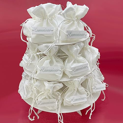 Doni Bomboniere Alzata in Cartone Bianco con sacchettini portaconfetti in Cotone Bianco con targhetta Comunione Ideale per portaconfetti Sacramento (18 pz)