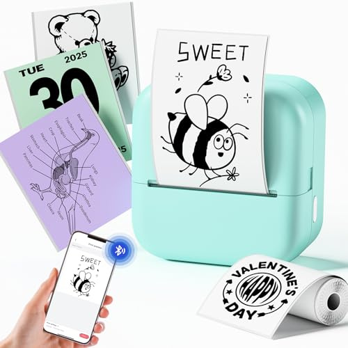 Sticker Drucker Mini für Smartphone, Bluetooth Thermodrucker 203DPI, Pocket Aufkleber Drucker M02L Farbig, inklusive 1 Papierrolle für Studium, Journal, Fotos, Geschenke & Anatomische Diagramme, Grün