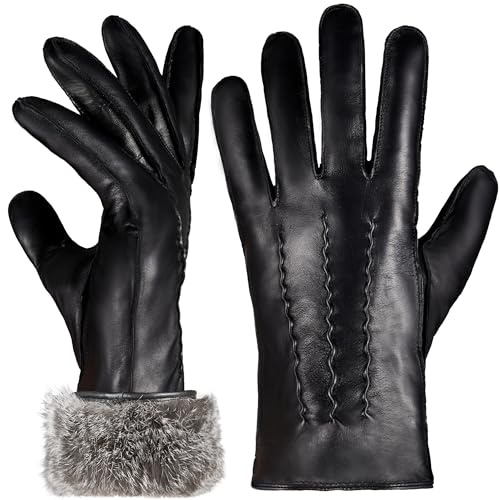Neiicty Personable Winter Very Very Warm Mens Rabbit Fur Lined Leather Gloves Touchscreen Texting Driving Gloves Black X-Large