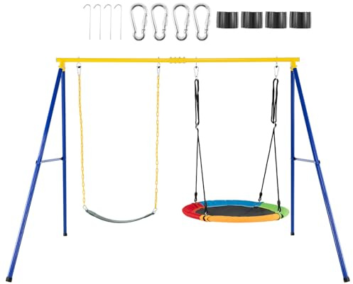 Maxmass Kids Swing Set, Metal Swing Frame with Adjustable Saucer Swing & Belt Swing, Outdoor Swing Playground Playset for Garden Backyard (2 in 1)