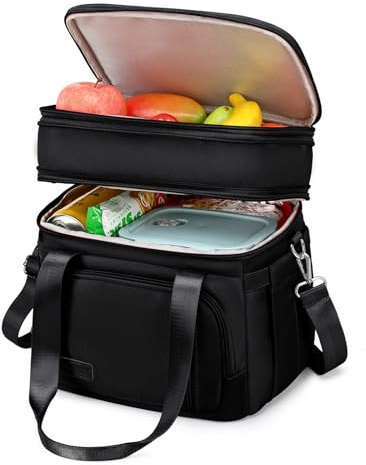 MAPLELILY Lunch Box for Men Women - Double Deck Insulated Lunch Bag, Large Leak Proof Tote Cooler, Wide Open Dual Compartment Lunch Bags with Shoulder Strap, For Work Picnic Hiking Beach, Black