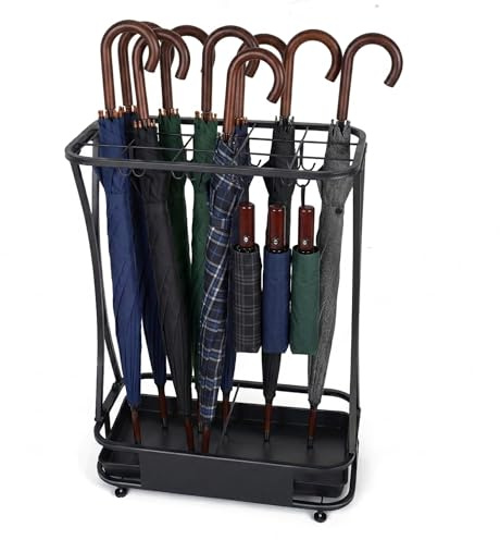 AetherWings 15 Slot Umbrella Stand with 8 Hooks – Heavy Duty Metal Indoor Umbrella Rack Holder with Removable Drip Tray – Large Commercial Entryway Organizer for Office, Lobby or Home