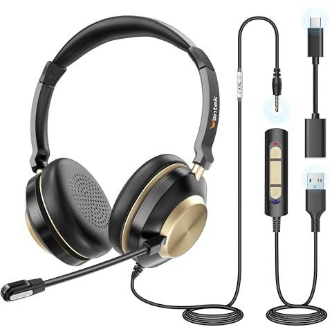 Wantek USB Headset mit Mikrofon für PC Laptop, Typ C-USB-3,5mm Jack, 3-in-1-Kopfhörer mit Geräuschunterdrückung und Lautstärkeregler für Callcenter, Skype, Zoom, Home Office, Online-Kurse