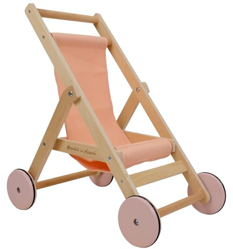 Bandits & Angels Puppenbuggy Lovely Salmon aus Holz – ab 2 Jahren – Puppenwagen aus Holz – für Puppen bis 50 cm – Puppenwagen Lachsrosa – Puppenbuggy