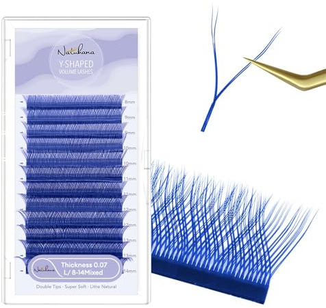 Natuhana Farbige Wimpern Extensions YY-förmiges 0.07 L Curl 8-14mm Volumen 2D Lashes Natürlich Wimpernverlängerung,Professionelles Zubehör für Lash Techs(8-14Mix, 0.07L, Blau)