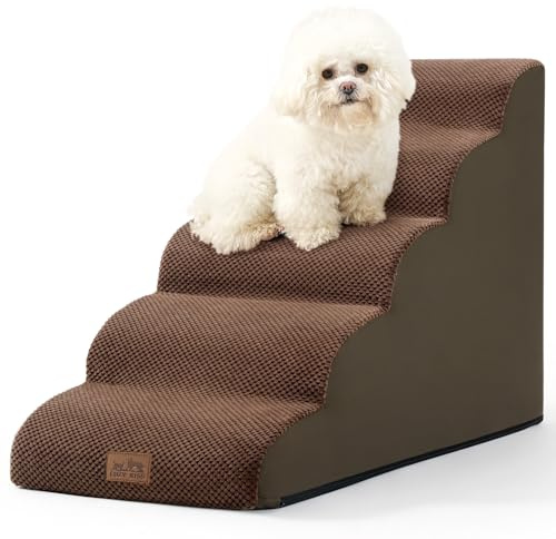 Mysig kyss hundtrappor för hög säng 57,4 cm H, litet hundsteg för valp, äldre eller katt, böjd ramp för bil, stege med skum med hög densitet, lätt, hållbar, 39,9 x 84 x 57,4 cm, 5 steg, brun