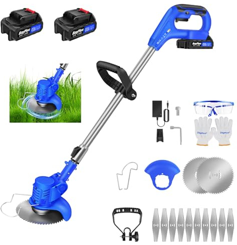 Cordless Strimmer 21V Metal Blade Strimmer, Telescopic Grass Strimmer Cordless, 2 Pack 1.5Ah Battery and Charger, 10 Metal Blades, Electric Grass Strimmer for Efficient Lawn Care and Weed Pruning