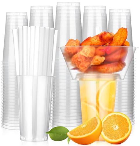 SiliFine 25 juegos de vasos para bebidas y aperitivos con popotes, vasos desechables de plástico para estadio con cuenco para aperitivos con soporte para aperitivos, tazas de aperitivos para papas
