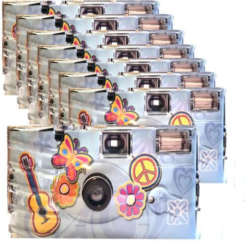 8 X 1A PHOTO PORST - Fotocamera usa e getta, edizione Flower Power, fiori e farfalle, con flash, batterie e pellicola (8 pezzi, 27 scatti)