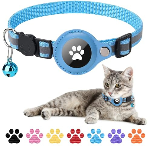 Boloshine Airtag Katzenhalsband, Reflektierend GPS Tracker Katzenhalsbänder mit AirTag Halter und Glocke, Leichte Katzen Halsband Kompatibel mit Apple Airtag für Kätzchen Welpen (Blau)