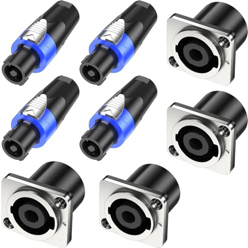 Jumwa 4Sets Speakon Adapter Speakon Stecker und Buchse Metall Panel Twist Lock Kompatibel mit Neutrik Speakon NL4MP, NL4MPR, NL4FC, NL4FX, NLT4X, NL4 Serie, NL2FC