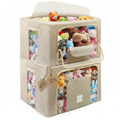 LUXEHIVE Kuscheltier Aufbewahrung – 2x72L grosse Aufbewahrungsbox mit Deckel & 4mm Stahlrahmen – Kleideraufbewahrung mit Sichtfenster – Kleiderschrank Organizer, Kuscheltieraufbewahrung