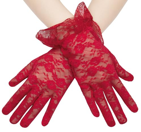 Long Keeper Guantes de Encaje Elegantes Cortos Guantes Boda Blanco Negros Guantes Disfraz de Cosplay Guantes de Encaje Floral para Mujer Boda Fiesta (Rojo)
