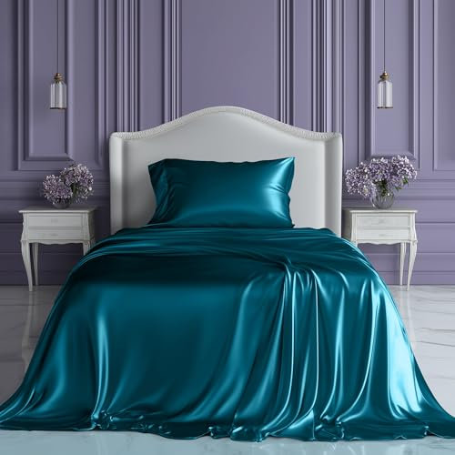 SLEEP SANCTUARY Sábanas de satén tamaño individual: juego de cama sedoso de lujo de 3 piezas, más suave que la seda, bolsillo profundo de 15 pulgadas, refrescante, sin arrugas, absorbe la humedad y