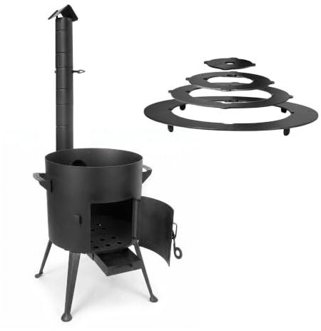 10 L Utschak-Ofen (Uchag, Campingofen) mit Rauchrohr und Adapter-Ringen | 2mm Stahl, Ø36 cm Holzofen für Feldküche mit Abzugsrohr und Reduzierringen (Ofenringe) für Kasan (Kazan), Gulaschkessel