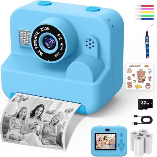 Macchina Fotografica Bambini Istantanea - 1080P 2.4 Selfie Fotocamera Bambini con Carta da Stampa e 32GB Scheda, Giocattolo Regalo Natale Bambino e Bambina 3-12 Anni (Blu)