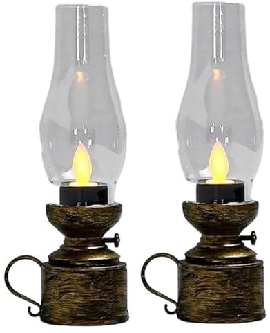 Kerosene Lamp 2Pcs Flameless Flickering Vintage Oil Lantern 7x2in Hurricane Lamp with Handle Battery Powered PP Oil Lamp for Halloween, Christmas, Indoor, Outdoor , Bronze Oil Lantern Oil Lamp Hurrica