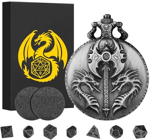 Mini DND Würfel Set, mit Steampunk Doppelköpfigen Drachen (Doppelseitige Axt) Taschenuhrgehäuse, 7-teilige Polyedrische Metall D&D Würfel, DND Geschenke, Rollenspiele-Brettspielzubehör Würfel, Silber