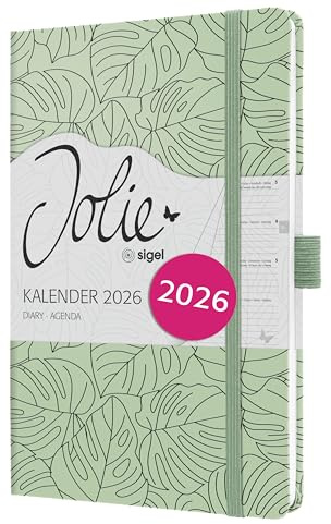 SIGEL J6353 Wochenkalender 2026 ca. A5, hellgrün, schwarz, Hardcover, Gummiband, Stiftschlaufe, Einstecktasche, 174 Seiten, vegan, Buchkalender, Terminplaner Taschenkalender Jolie