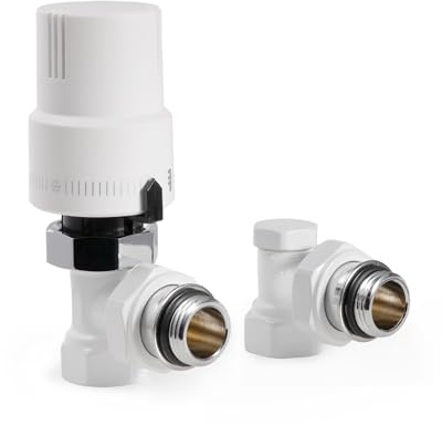 VANCOCO G1/2 Thermostatventil + Rücklaufventil Komplett-Set mit Dichtringanschluss für Heizkörper, Eckform, Heizkörperventil, Heizungsventil, Vollweiß, Flüssigfühler, Frostschutzstellung, mit Schloss