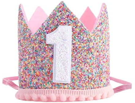 QIUJALE Rainbow 1st Birthday Crown for Girls, Glitter Pink Birthday Crown for 1 Years Old Girl's Outfit Party Supplies Decorations