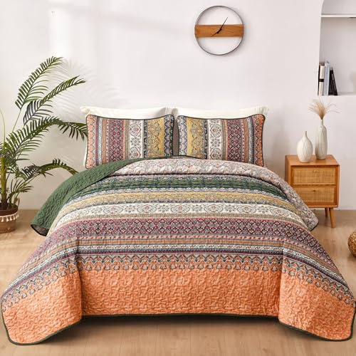 WONGS BEDDING Tagesdecke 240x260 Bettüberwurf Boho Decke Steppdecke 3 Teilig Doppelbett Gesteppt Bettdecke Mikrofaser Wohndecke mit 2 Kissenbezug 50x75 für Schlafzimmer als Sofaüberwurf, Green Orange