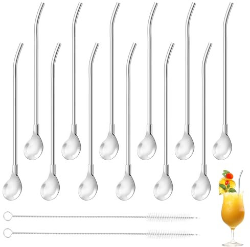 12 pcs Stainless Steel Straw Spoon Set, Long Metal Straws, Reusable Metal Straw Spoons with 2 Cleaning Brushes, Suitable for Coffee, Cocktails, and Milkshakes