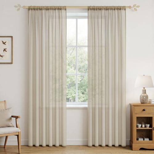 MRTREES Tenda Beige 140x240 cm (L x A), Set da 2 Pezzi Semitrasparente per Camera da Letto, con Passante per Bastone, Aspetto Lino, Tende Moderne Trasparenti Alte 240 cm