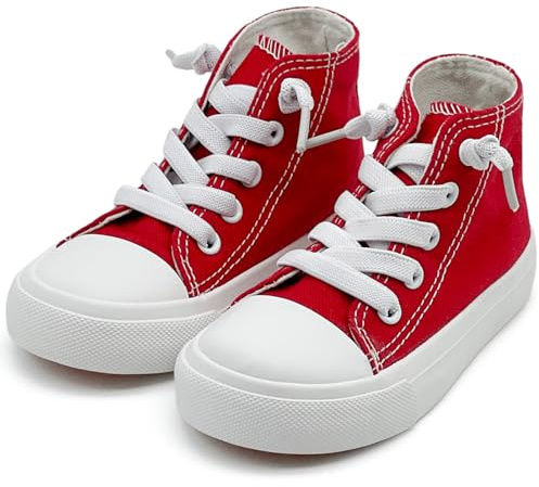 Duovodu Boys Girls Canvas High Top Trainers Kids Pumps Plimsolls with Strap Casual Fashion Walking School Sneakers Red