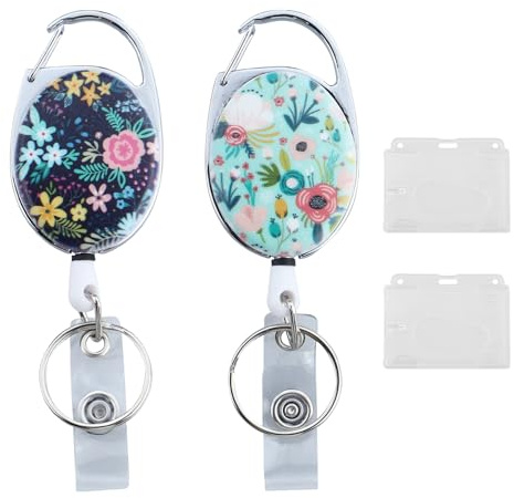 2 stycken blomID-kortshållare infällbar nyckelrulle med 2 stycken karbinhakar, ID-kortsfodral nyckelring utdragbar ID-bricka med bältesklämma