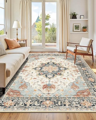 INOVADAY Machine Washable Rugs 150x210 cm Vintage Area Rug Low Pile Anti-Slip Carpet with Print Pattern for Living Room Bedroom Home Office Indoor Beige/Blue/Orange