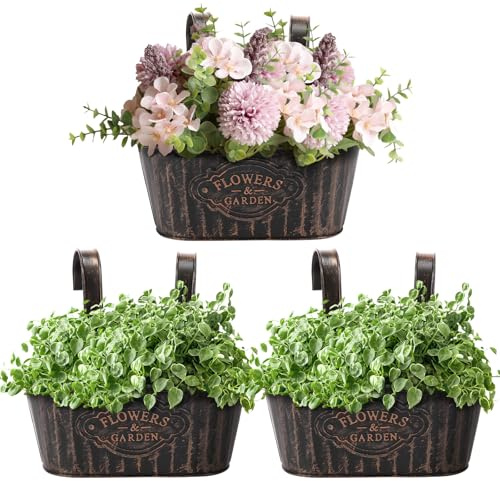 BUTORY 3Pcs Hanging Flower Pots Metal Wall Planter for Railing Fence Iron Outdoor Balcony Rail Planter with Detachable Hooks for Fence Balcony Home Decors(black,3)