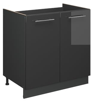 Vicco Meuble Bas sous-évier Fame-Line, Anthracite Haute Brillance, 80cm | Façade en MDF · Plan de travail incl. · Pieds réglables en hauteur · Poignées en métal · Fermeture douce