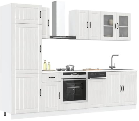 Massbinet 8-TLG. Küchenschrank-Set Lucca Hochglanz-Weiß Moderne Küchenzeile ohne Elektrogeräte Eiche Optik Geräumige Einbauküche mit viel Stauraum Holzwerkstoff
