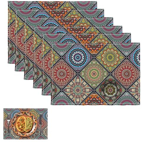 6Pcs Place Mats for Table Vintage Placemats Boho Dinner Table Mats Set of 6 Outdoor Placemat for Garden Colourful Fabric Placemat for Party Kitchen Decoration