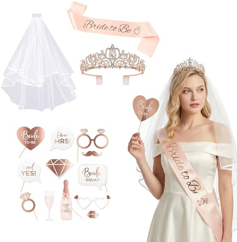 Bachelorette Party Decorations Favors, Bridal Shower Crown, Sash & Veil, Bride to Be Photo Booth Props Set, Bridal Shower Tiara Party Decorations Bride Gifts for Women (15 PCS Rose Gold)