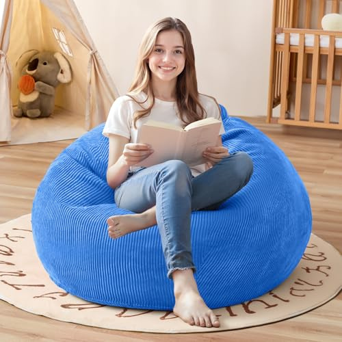 Cansunna 2.5FT Bean Bag Chair: Teardrop Bean Bags with Memory Foam Filled, Compact Beanbag Chairs Soft Sofa with Corduroy Cover, Blue