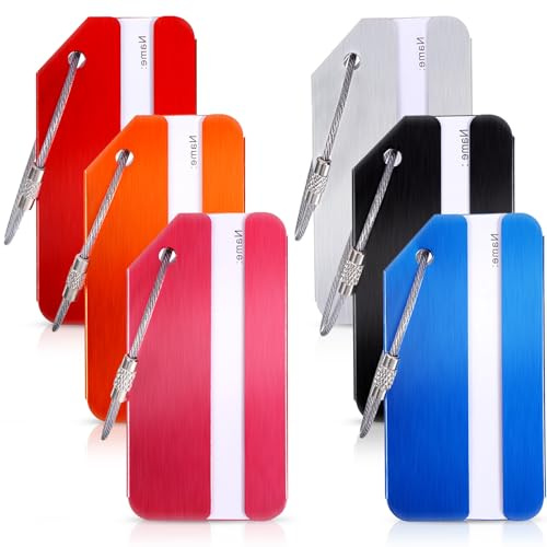 6 Stück Kofferanhänger mit Edelstahlkabel Gepäckanhänger aus Aluminum | Tags mit Namensschild, Adressschild, Geeignet für Reisegepäck, Wasserdichte Kofferanhänger