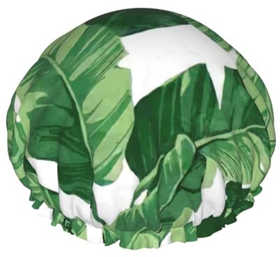 Gorro de ducha con estampado de hojas de palma verde para mujer, reutilizable, impermeable, doble capa, con correa elástica, talla única