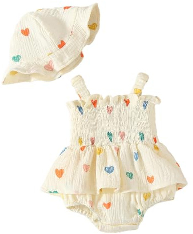 LUVCES Vestitini Estivi per Neonata Bambina Floreale Boho Abito in Cotone e Lino con Arricciature Prendisole con Cappellino Abbigliamento Estivo per Neonati Stampa a Cuori Giallo Chiaro 12-18 Mesi