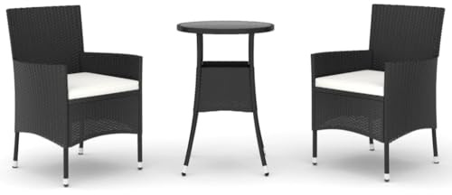 pokgdf Robustes Bistro Set mit Stahlrahmen, 3-TLG. Gartenmöbel Bistro Set PE Rattan schwarz mit Garten Bistrostühlen und gepolsterten Kissen