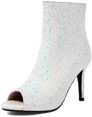 Generico Stivaletti Stiletto con Glitter Donna Punta Aperta Spuntati Tacco a Spillo Alto Tomaia Luccicante Cerniera Posteriore Scarpe Sposa Sera Festa,Bianca,35 EU