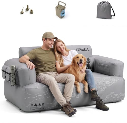 UPWELL Inflatable Couch Camping Chair Air Sofa with Built-Mountain Shadow | in Rechargeable Pump, Portable Blow Up Couch Loveseat for Outdoor Backyard Lawn RV Travel - Durable 1000D Oxford Fabric