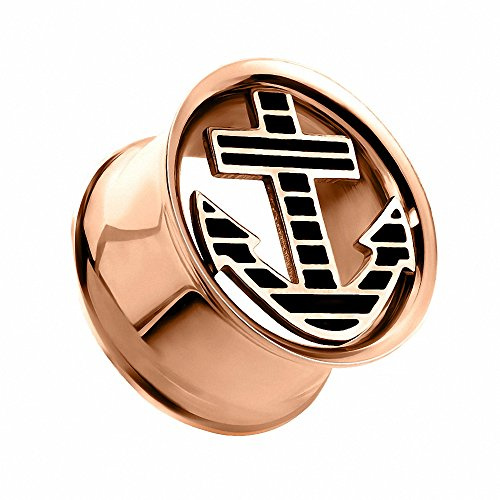 Piercingfaktor Flesh Tunnel Ohr Piercing Plug Ohrpiercing Double Flared in Roségold IP mit Vintage Anker Motiv 16mm